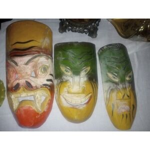 Vtg‎ Art Deco Tribal Wooden Painted Hand Carved Mask Wall Art Multi Color X 3